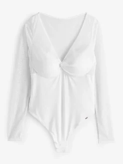 Lipsy White Lace Long Sleeve Padded Thong Bodysuit