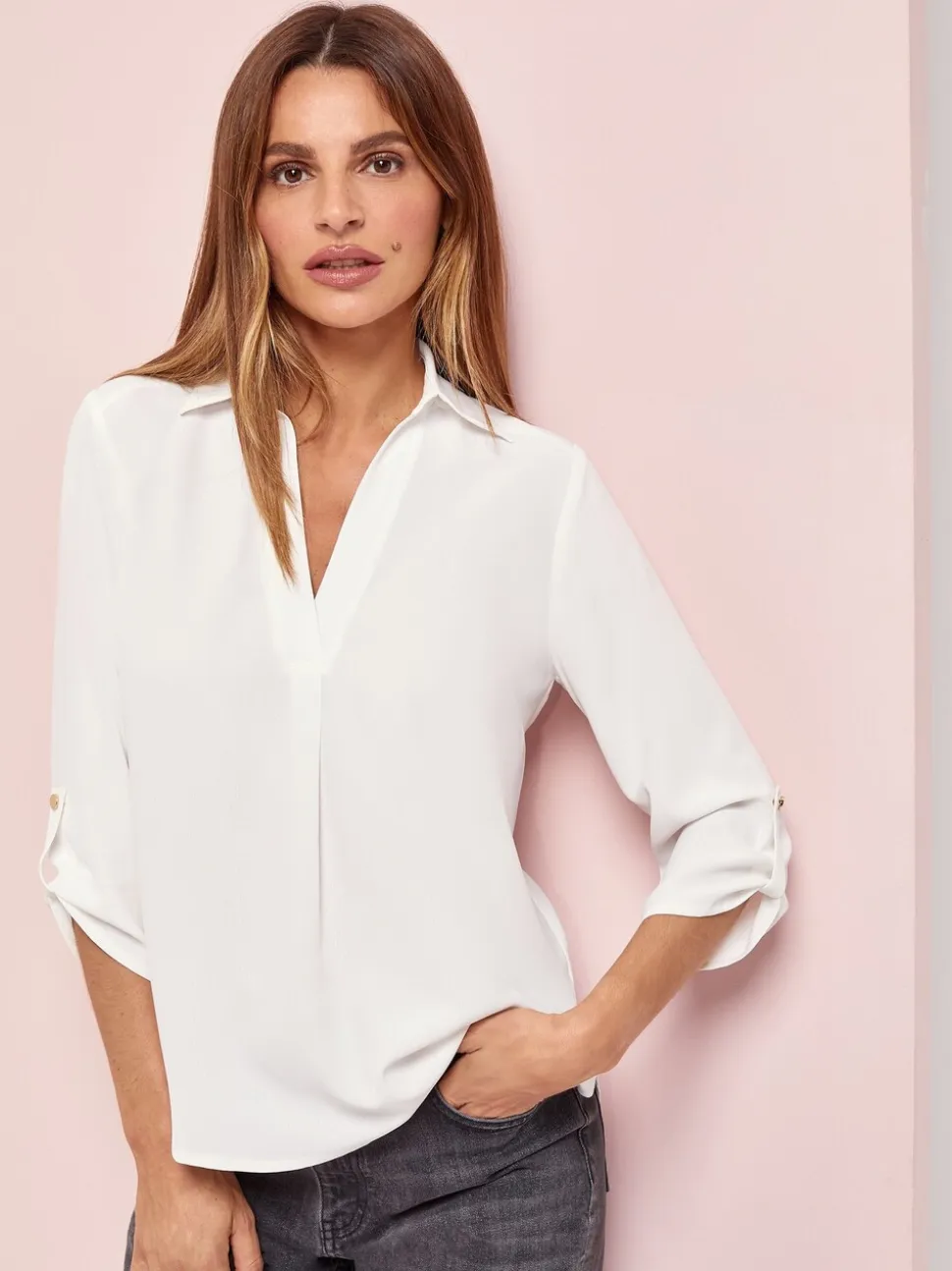 Lipsy White Petite V-Neck 3/4 Sleeve Collared Blouse