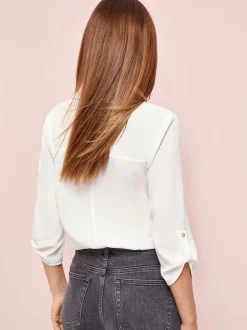 Lipsy White Petite V-Neck 3/4 Sleeve Collared Blouse