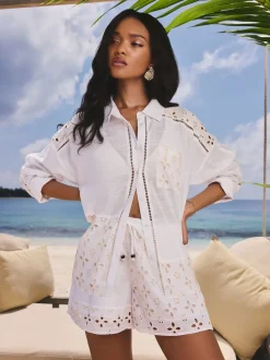 Lipsy White Relaxed Fit Broderie Beach 100% Cotton Shirt