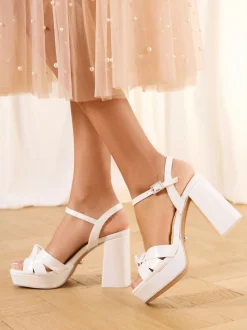 Lipsy White Standard Fit Knot Block Platform Bridal Mid Heel Wedding Sandals