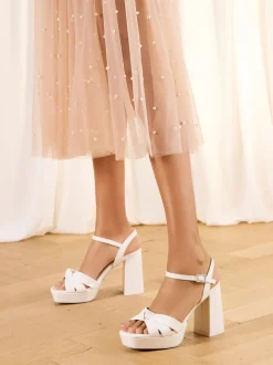 Lipsy White Standard Fit Knot Block Platform Bridal Mid Heel Wedding Sandals