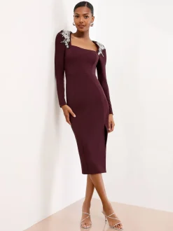 Lipsy Wine Embellished Shoulder Trim Long Sleeve Bodycon Midi Dress