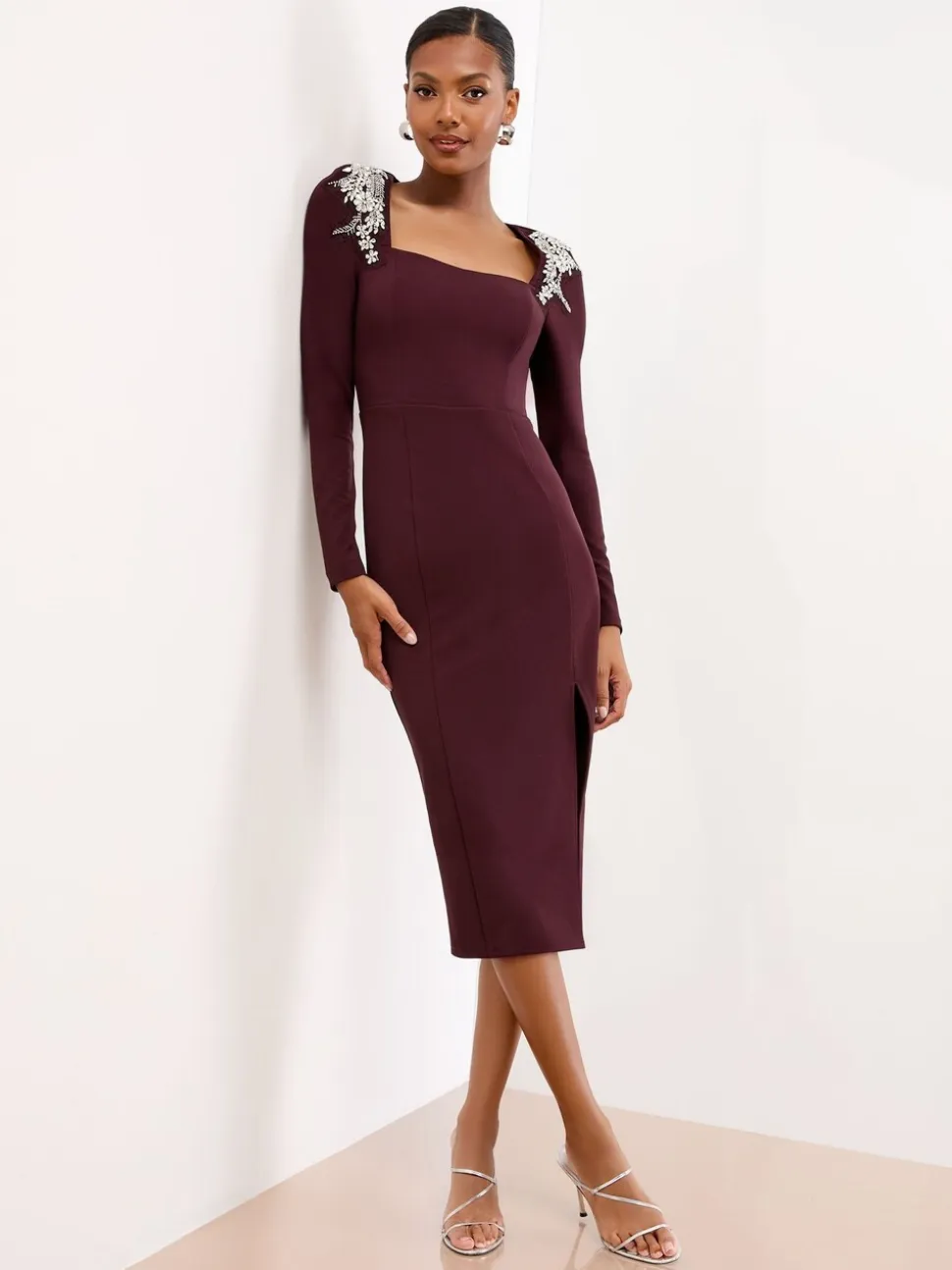 Lipsy Wine Embellished Shoulder Trim Long Sleeve Bodycon Midi Dress