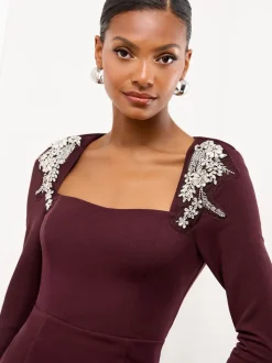 Lipsy Wine Embellished Shoulder Trim Long Sleeve Bodycon Midi Dress