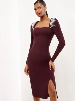 Lipsy Wine Embellished Shoulder Trim Long Sleeve Bodycon Midi Dress