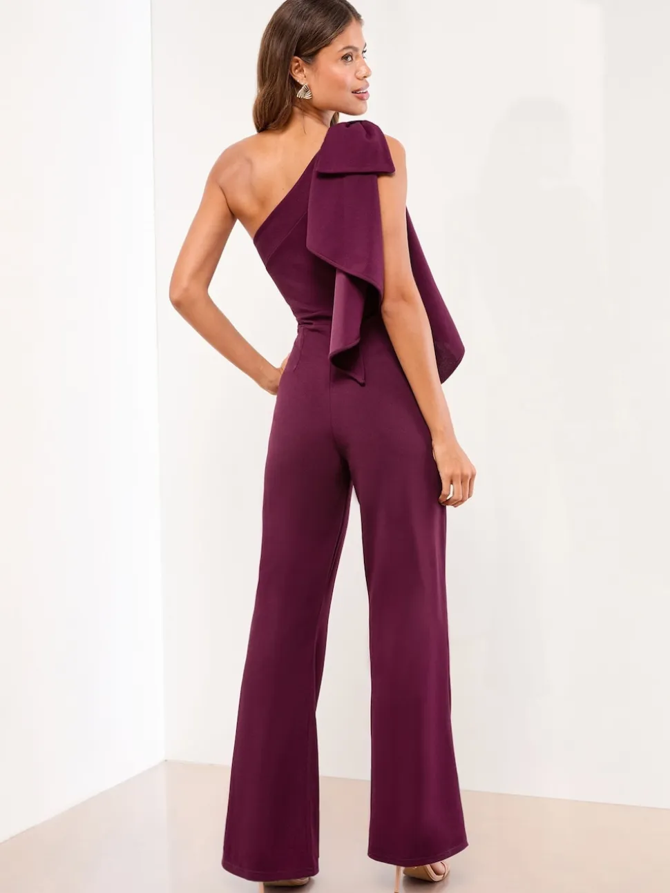 Lipsy Wine One Shoulder Bow Jumpsuit