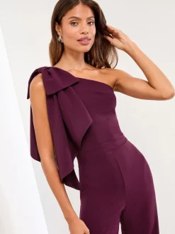Lipsy Wine Petite One Shoulder Bow Jumpsuit
