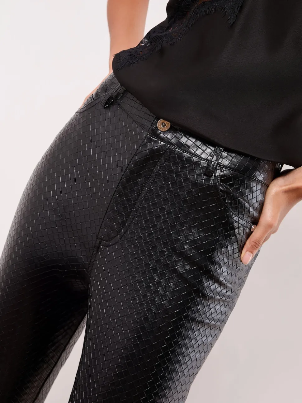Lipsy Woven Black Faux Leather Straight Leg Trousers