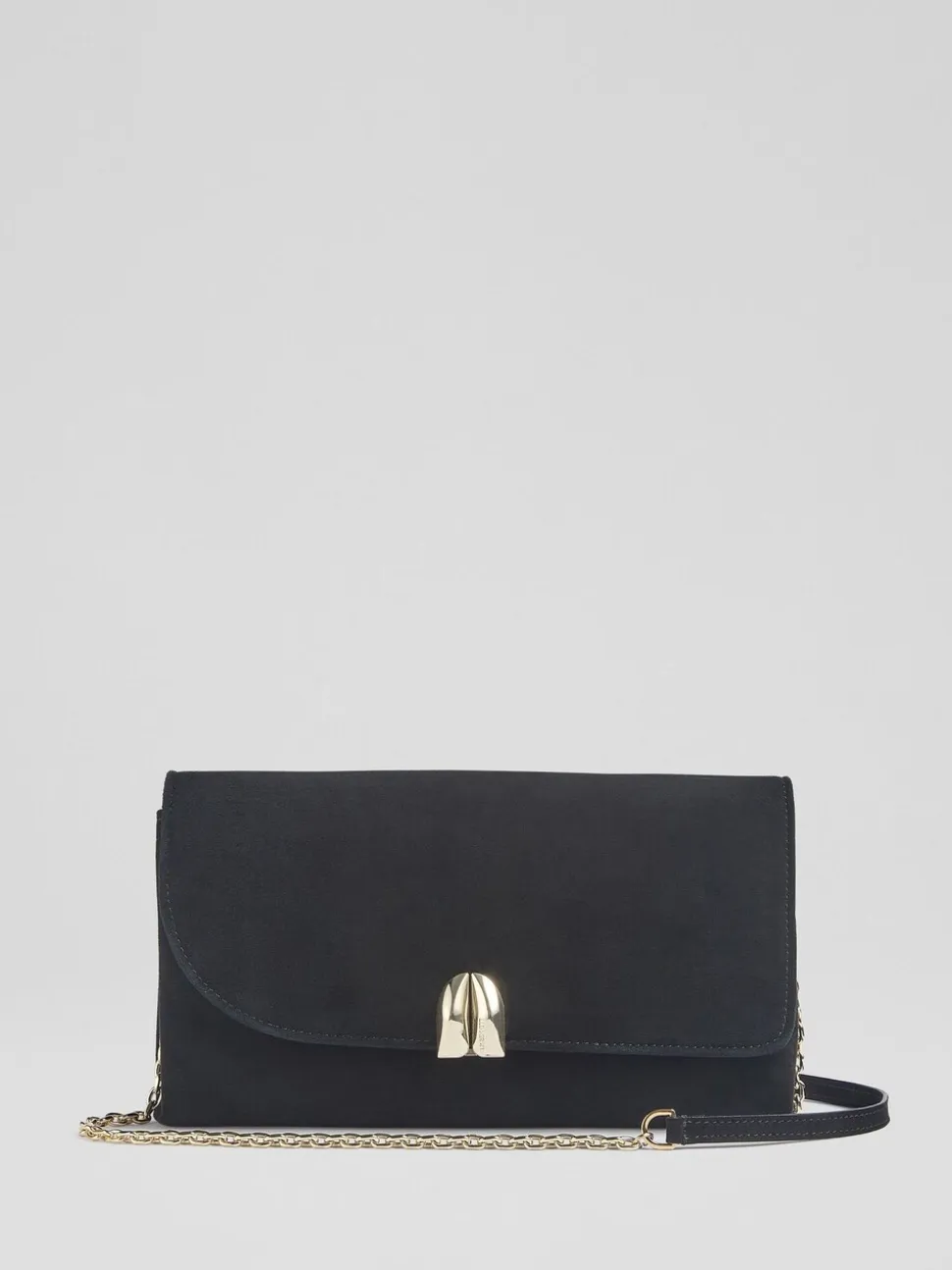 LK Bennett Black Aria Suede Curve Flap Wide Clutch Bag