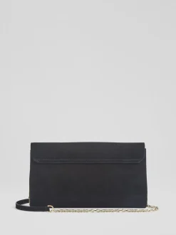 LK Bennett Black Aria Suede Curve Flap Wide Clutch Bag