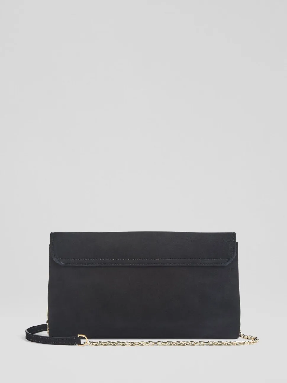 LK Bennett Black Aria Suede Curve Flap Wide Clutch Bag