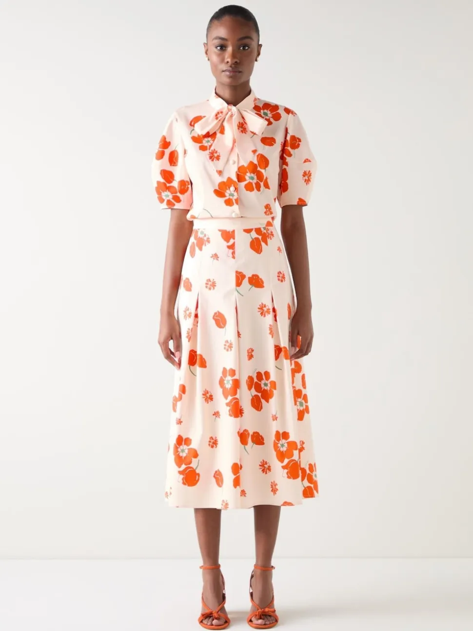 LK Bennett Orange & Flora Ivory Multi Cotton Pleat Block Floral Sateen Culottes