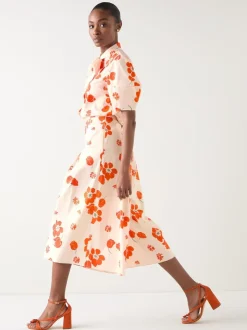 LK Bennett Orange & Flora Ivory Multi Cotton Pleat Block Floral Sateen Culottes