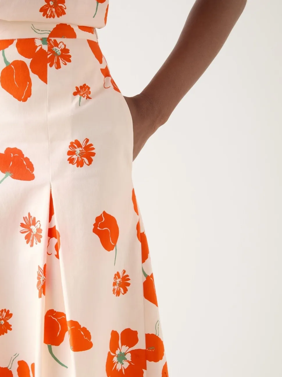 LK Bennett Orange & Flora Ivory Multi Cotton Pleat Block Floral Sateen Culottes