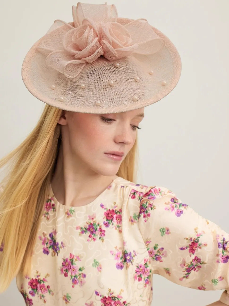 LK Bennett Pink Ayla Mesh Pearl Detail Wide Brim Fascinator Hat