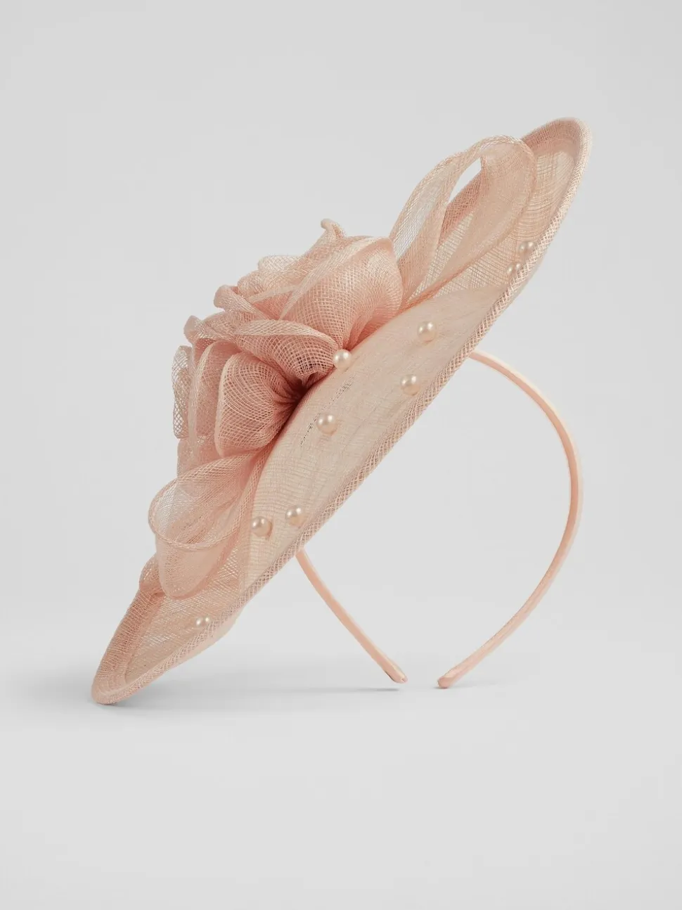 LK Bennett Pink Ayla Mesh Pearl Detail Wide Brim Fascinator Hat