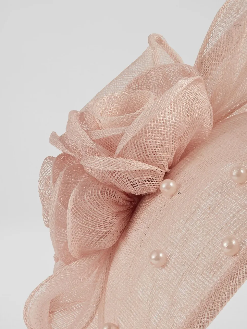 LK Bennett Pink Ayla Mesh Pearl Detail Wide Brim Fascinator Hat