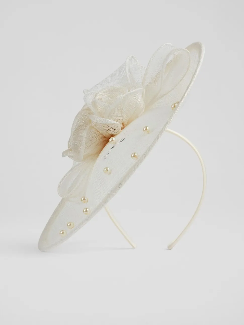 LK Bennett White Mesh Pearl Detail Ayla Wide Brim Fascinator Hat