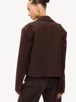LOAVIES Basically Perfect Love Pinstripe Oversize Shoulder Brown Blazer