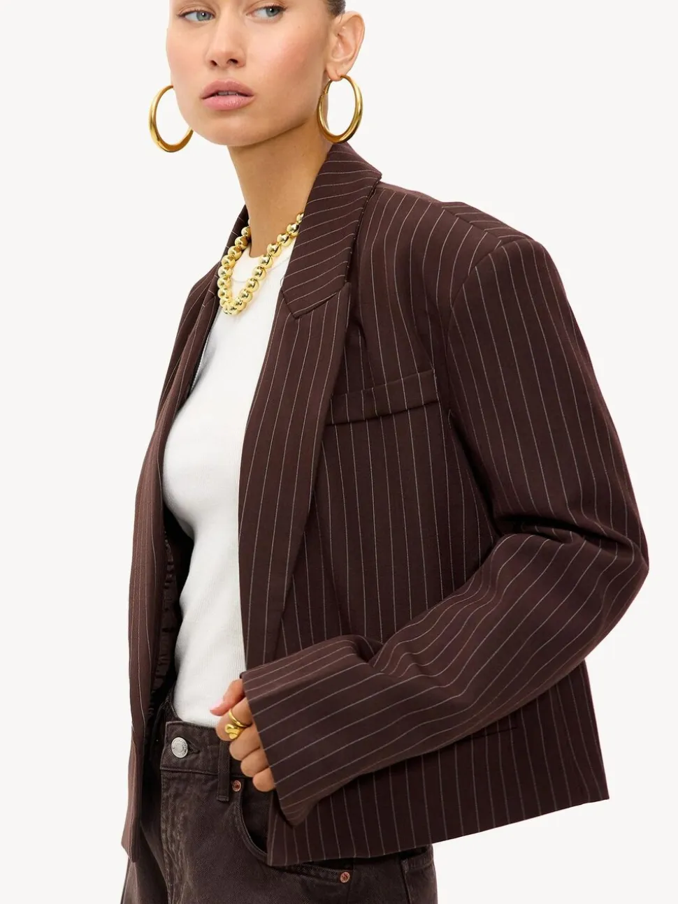 LOAVIES Basically Perfect Love Pinstripe Oversize Shoulder Brown Blazer