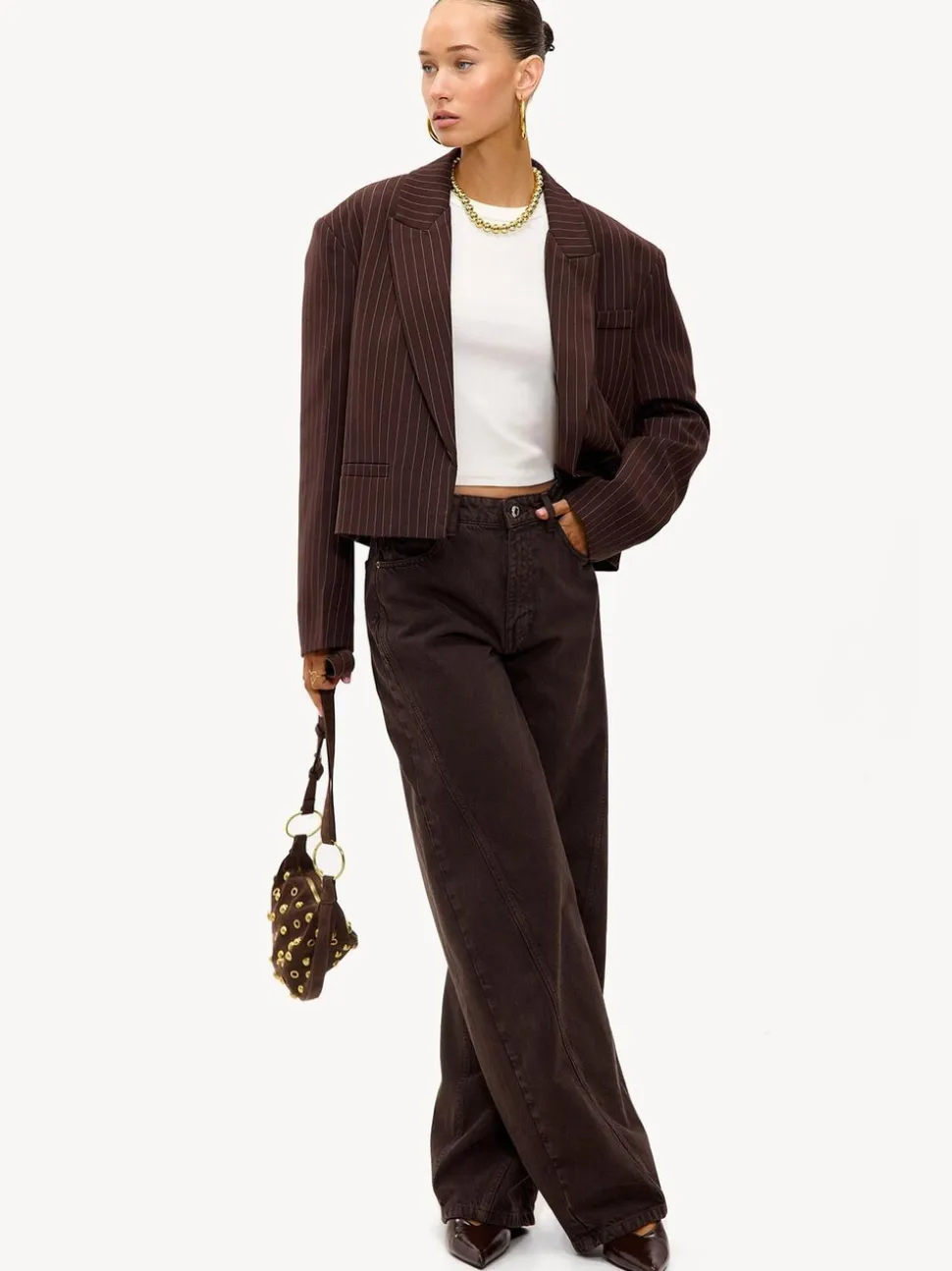 LOAVIES Basically Perfect Love Pinstripe Oversize Shoulder Brown Blazer