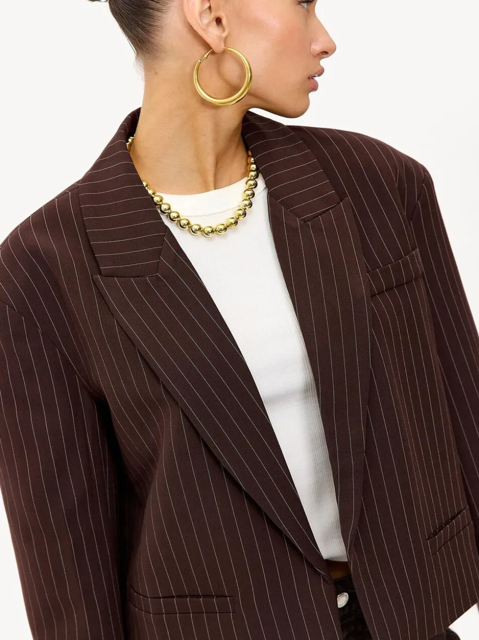 LOAVIES Basically Perfect Love Pinstripe Oversize Shoulder Brown Blazer