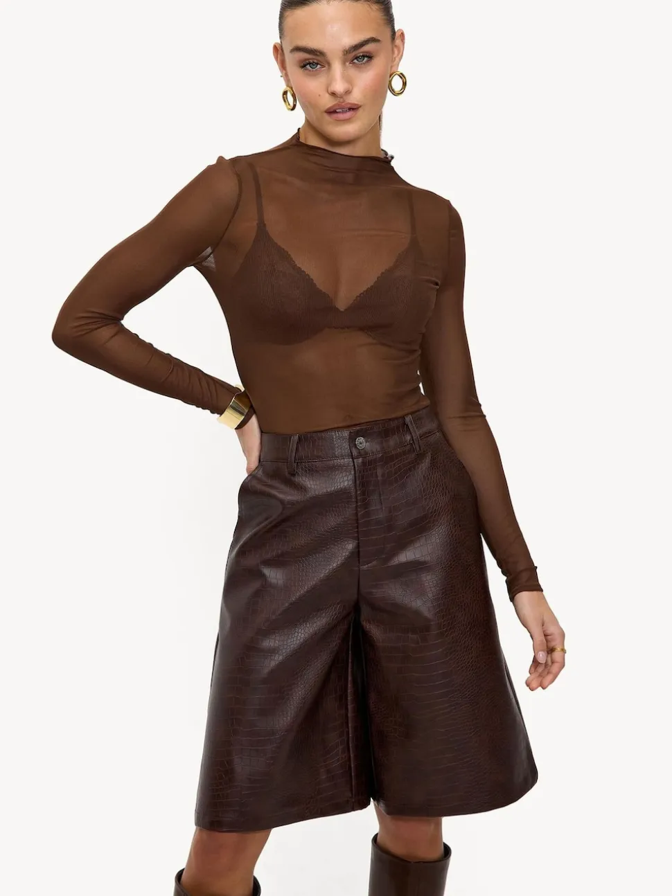LOAVIES Hold The Haze Of Autumn Croc Faux Leather Long Brown Shorts
