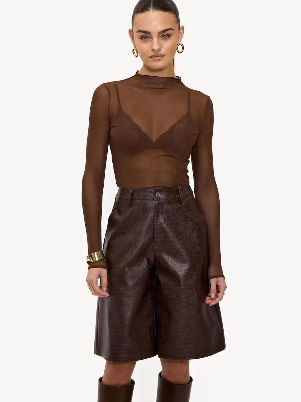 LOAVIES Hold The Haze Of Autumn Croc Faux Leather Long Brown Shorts