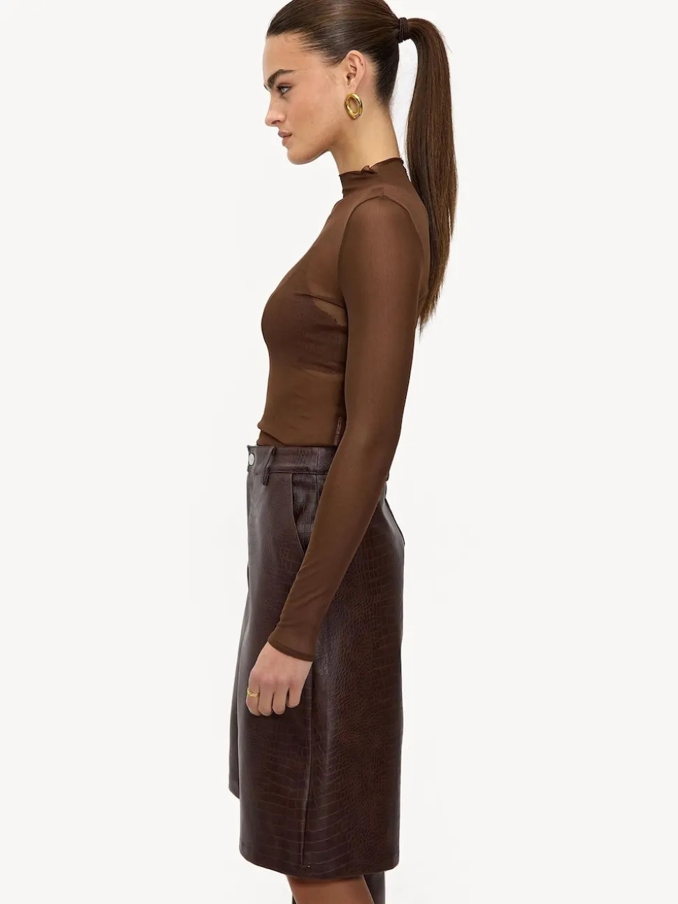 LOAVIES Hold The Haze Of Autumn Croc Faux Leather Long Brown Shorts