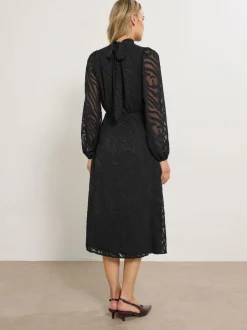 Long Tall Sally Black Burnout Tie Neck Midi Dress