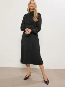 Long Tall Sally Black Burnout Tie Neck Midi Dress