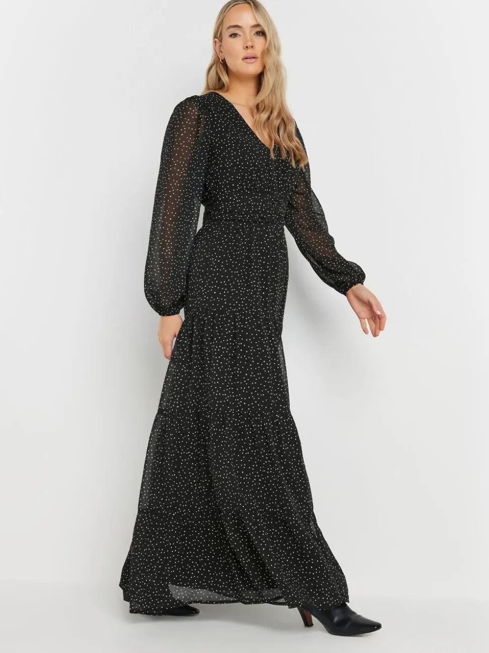 Long Tall Sally Black Chiffon Spot Tiered Maxi Dress