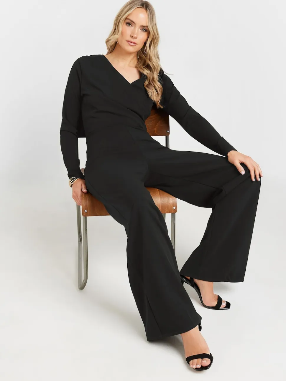 Long Tall Sally Black Long Sleeve Scuba Wrap Jumpsuit