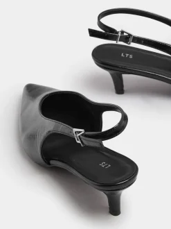 Long Tall Sally Black V Cut Kitten Slingback Heel Shoes