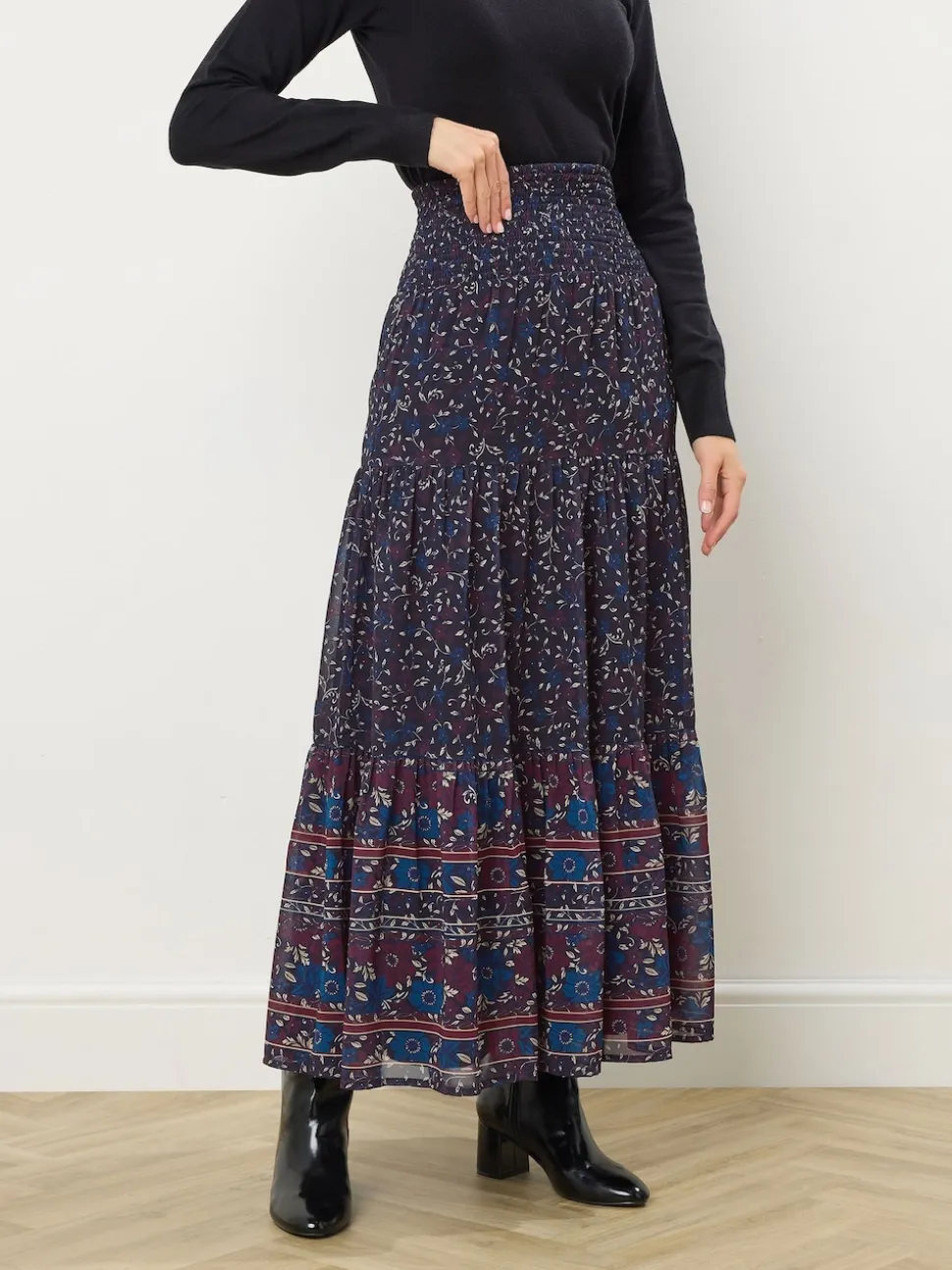 Long Tall Sally Blue Floral Border Tiered Skirt