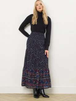 Long Tall Sally Blue Floral Border Tiered Skirt