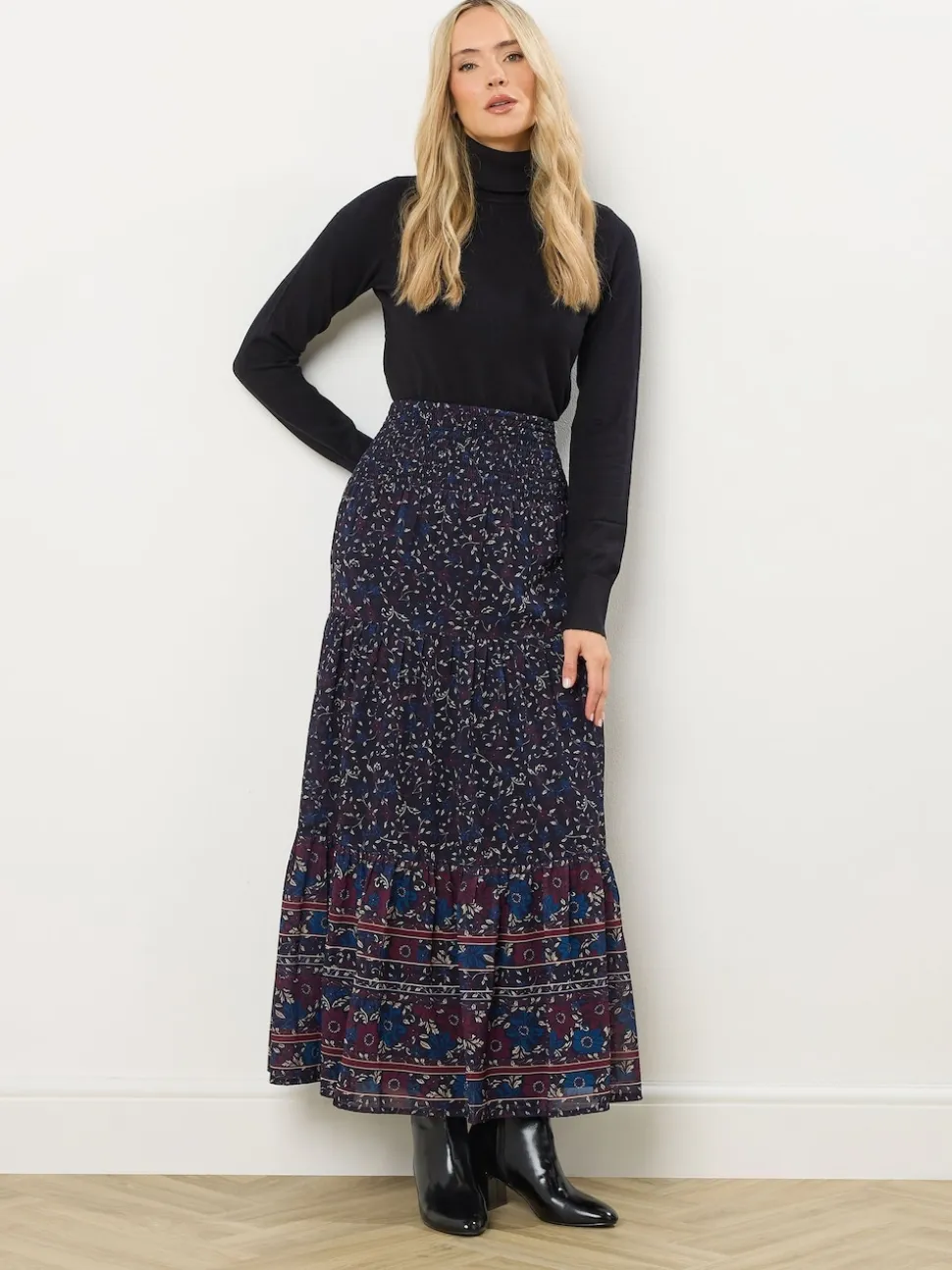 Long Tall Sally Blue Floral Border Tiered Skirt