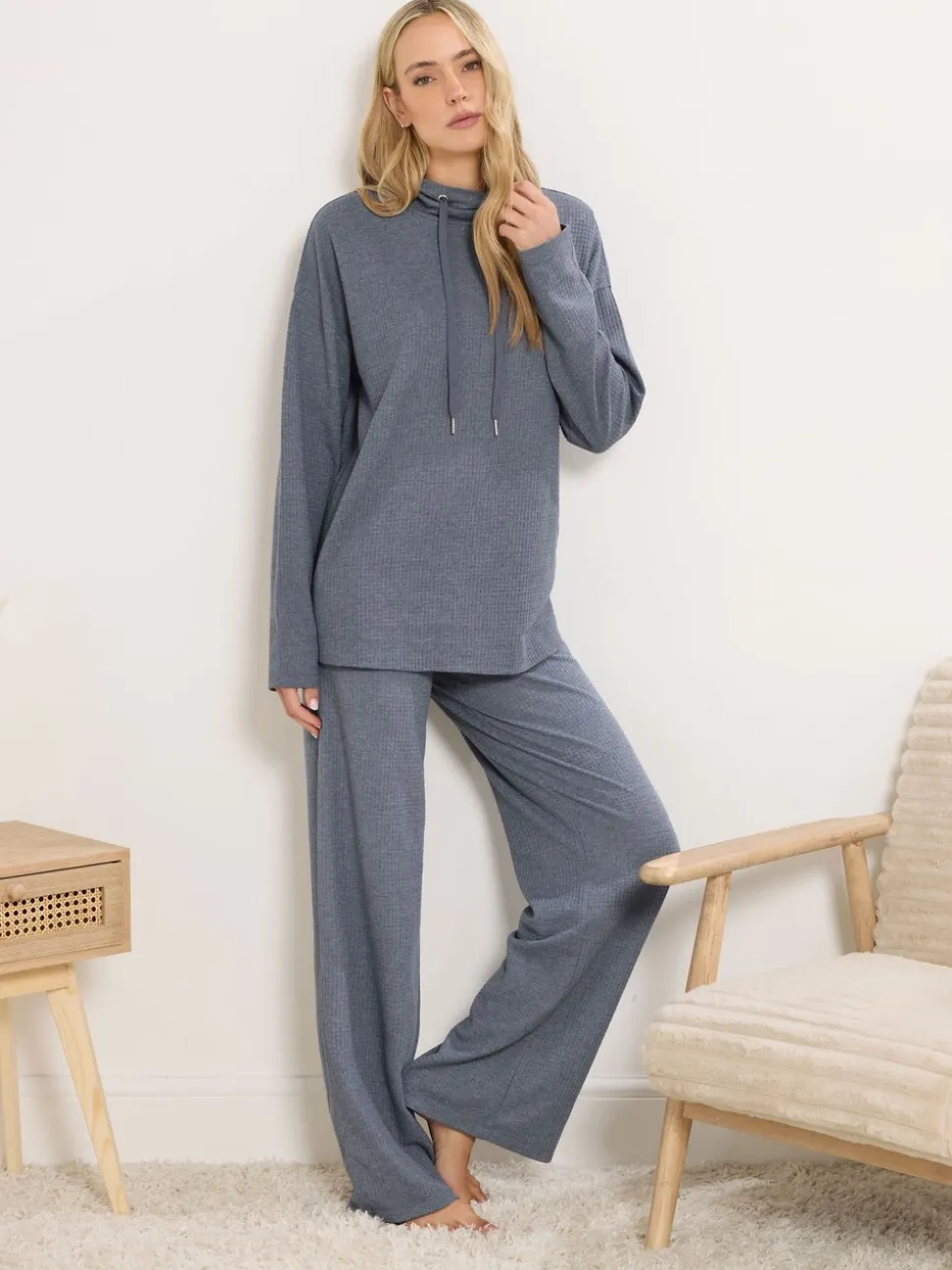 Long Tall Sally Blue Marl Waffle Cowl Neck Lounge Top