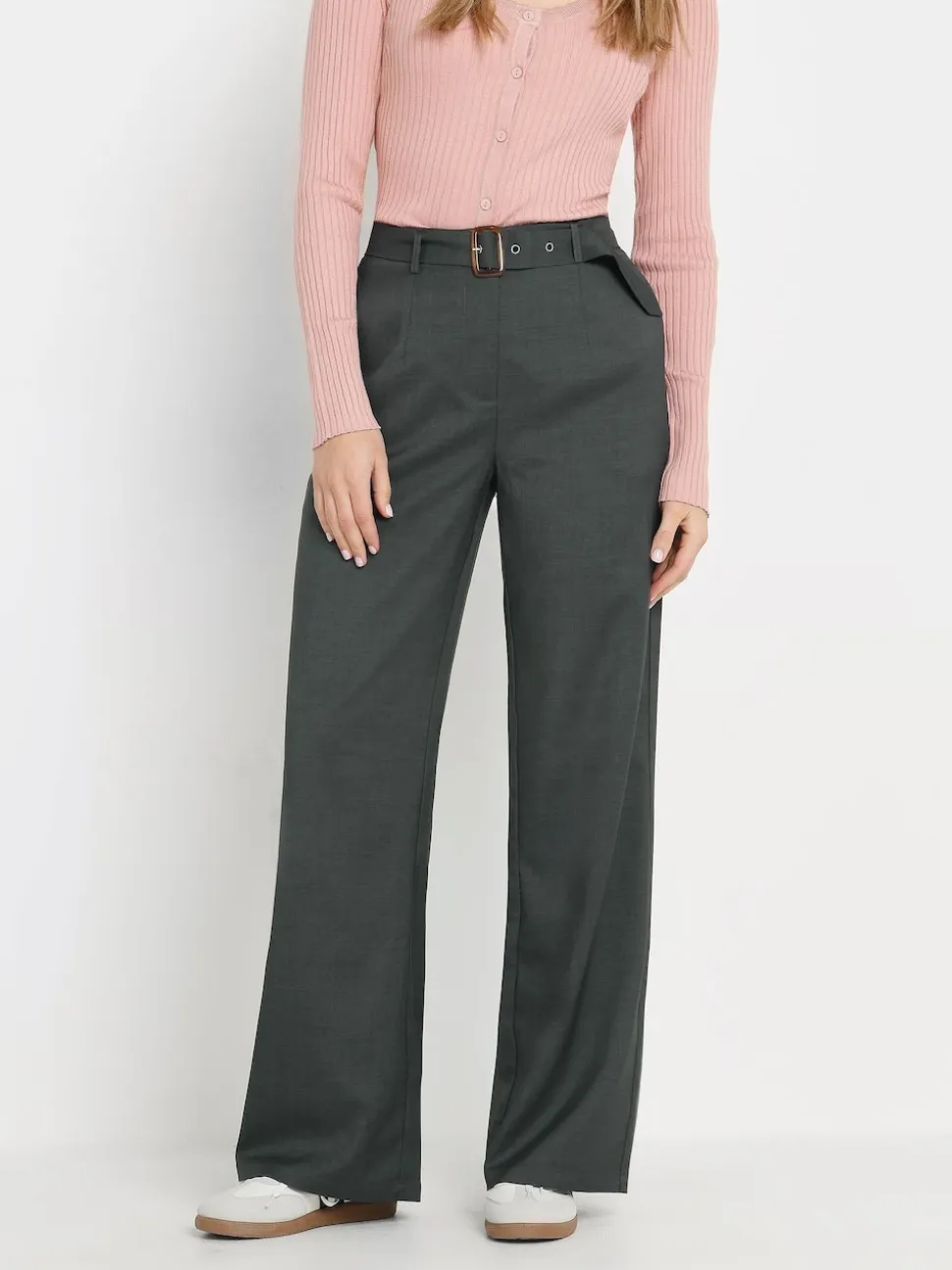 Long Tall Sally Grey Wide Leg Belted Trousers