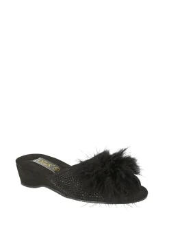 Lotus Black Mule Wedge Slippers