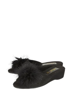 Lotus Black Mule Wedge Slippers