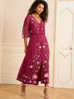 Love & Roses Berry Red Embroidered Dobby Scallop Neck 3/4 Sleeve Midi Dress