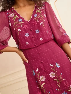 Love & Roses Berry Red Embroidered Dobby Scallop Neck 3/4 Sleeve Midi Dress