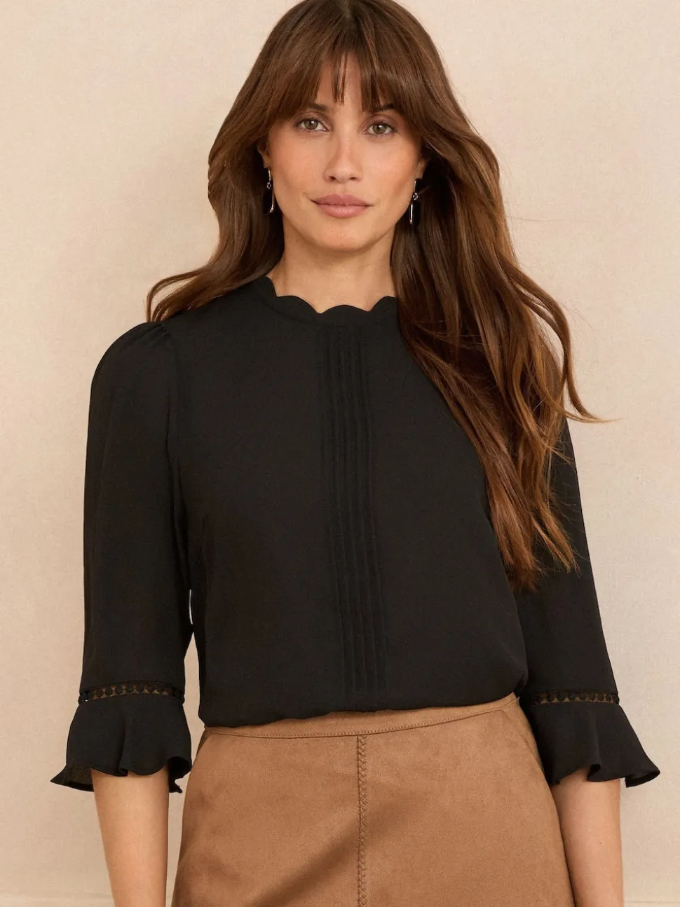 Love & Roses Black 3/4 Flute Sleeve Blouse