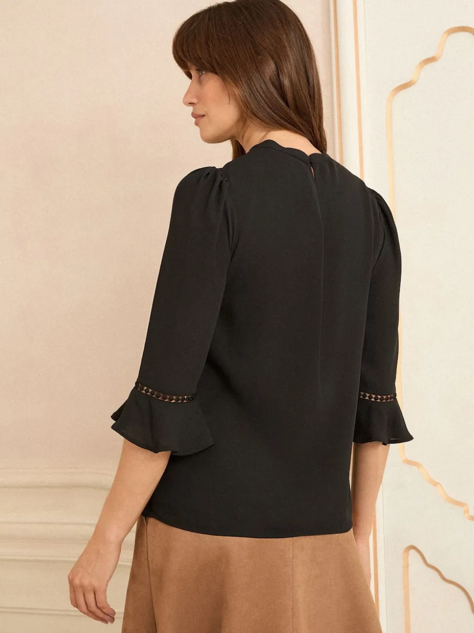 Love & Roses Black 3/4 Flute Sleeve Blouse
