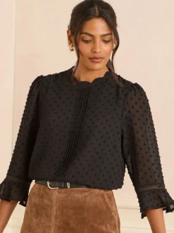 Love & Roses Black 3/4 Flute Sleeve Dobby Blouse
