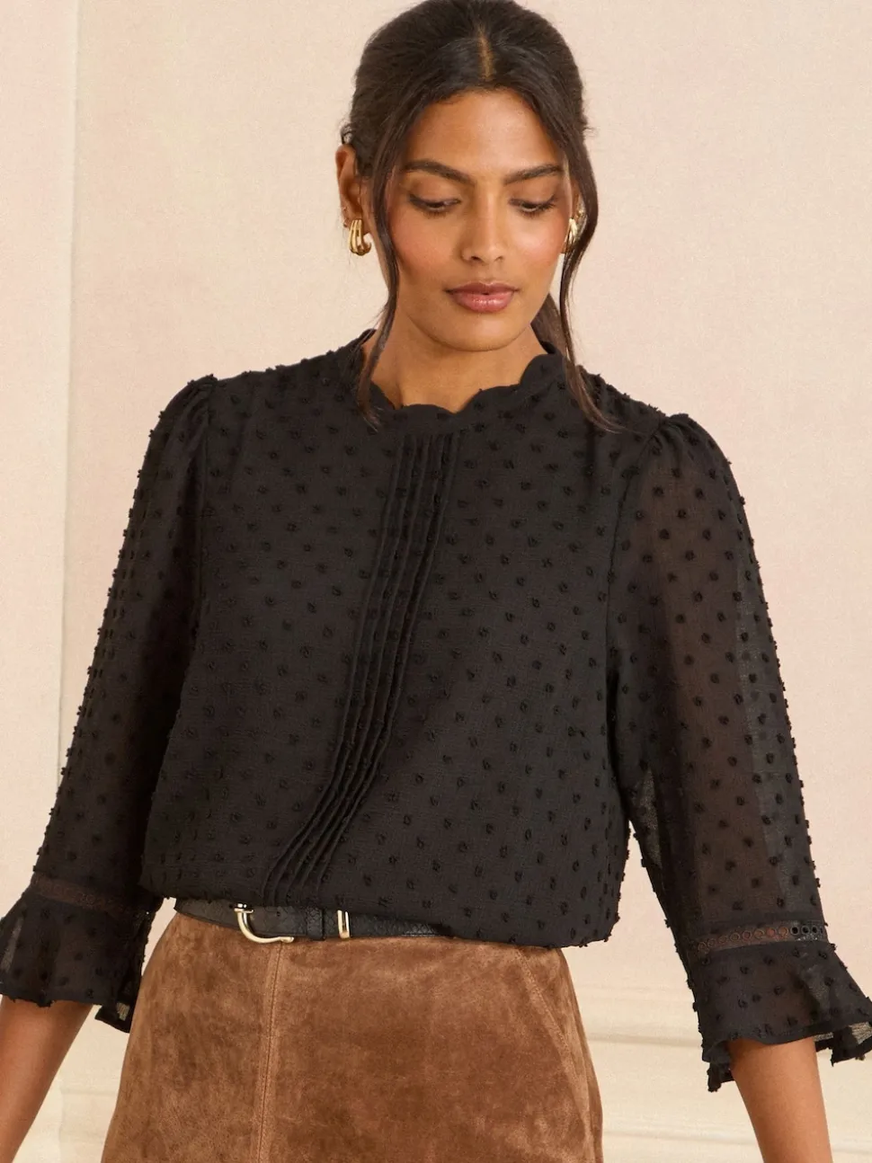 Love & Roses Black 3/4 Flute Sleeve Dobby Blouse