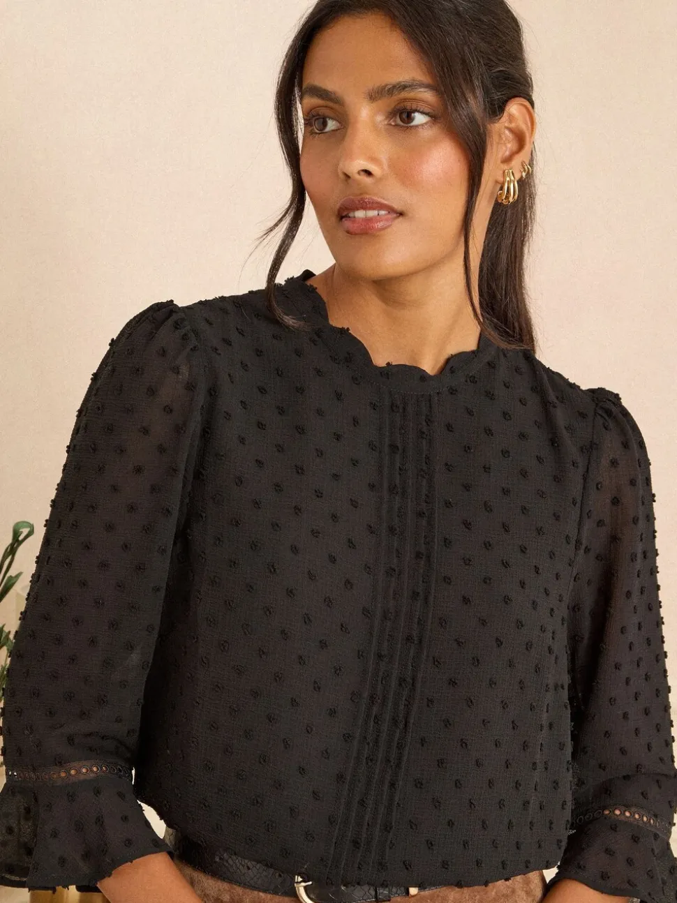 Love & Roses Black 3/4 Flute Sleeve Dobby Blouse