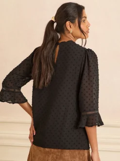 Love & Roses Black 3/4 Flute Sleeve Dobby Blouse